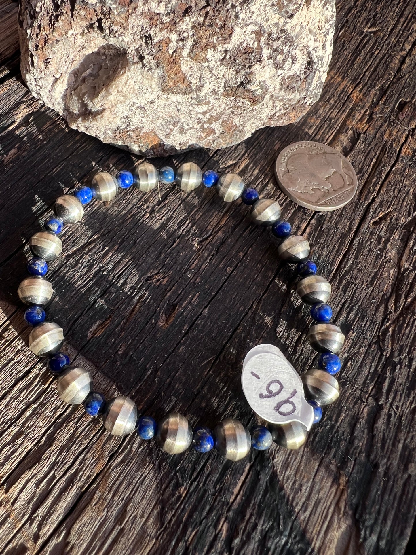 Southwest Sterling & Lapis Bead Stretch Bracelet Sz 6.5”