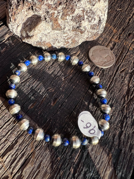Southwest Sterling & Lapis Bead Stretch Bracelet Sz 6.5”