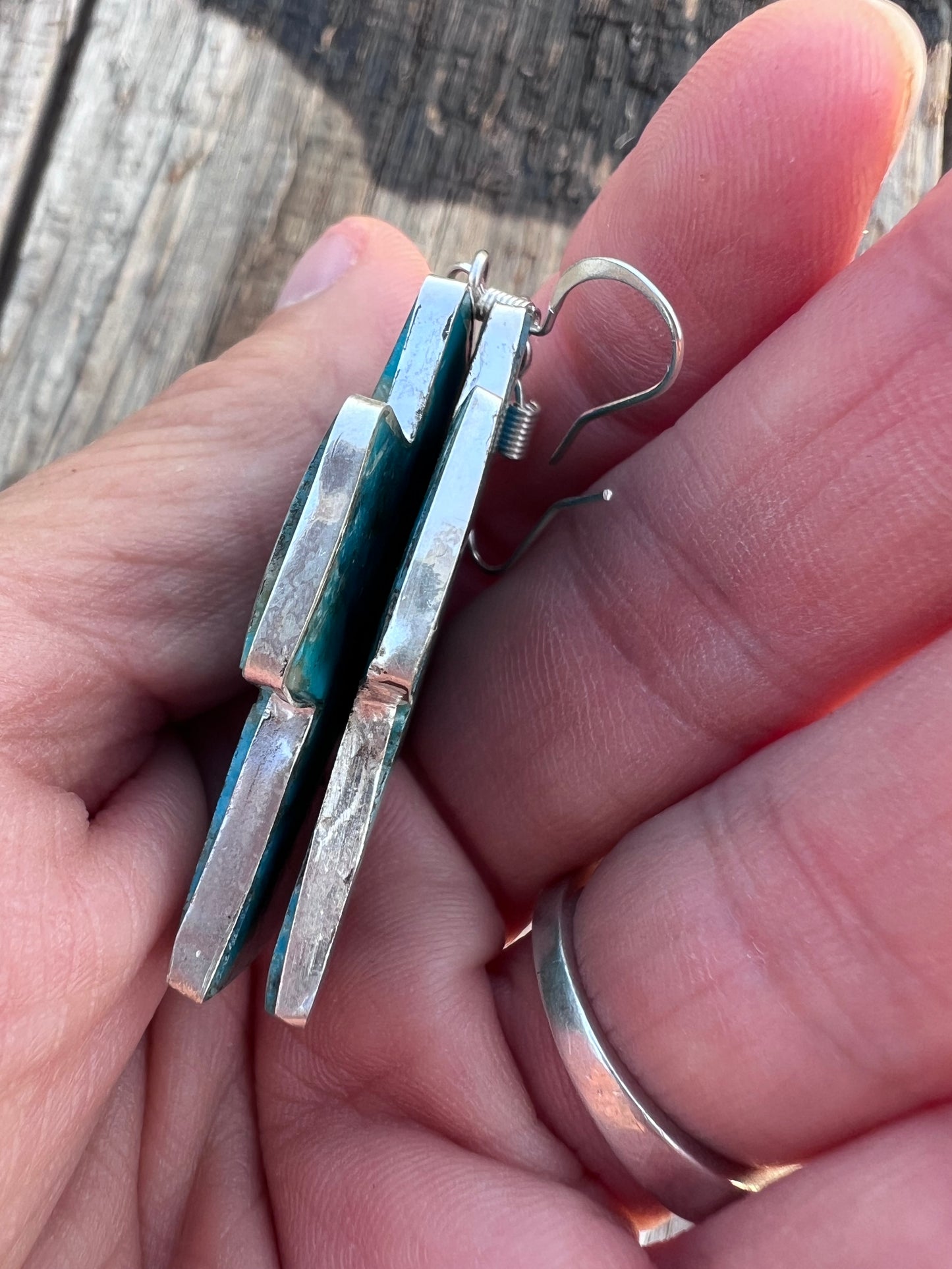 Native American Handmade Kingman Turquoise Cross and Sterling Silver Slab Earrings by Veronica Tortalita. 2” x 1“