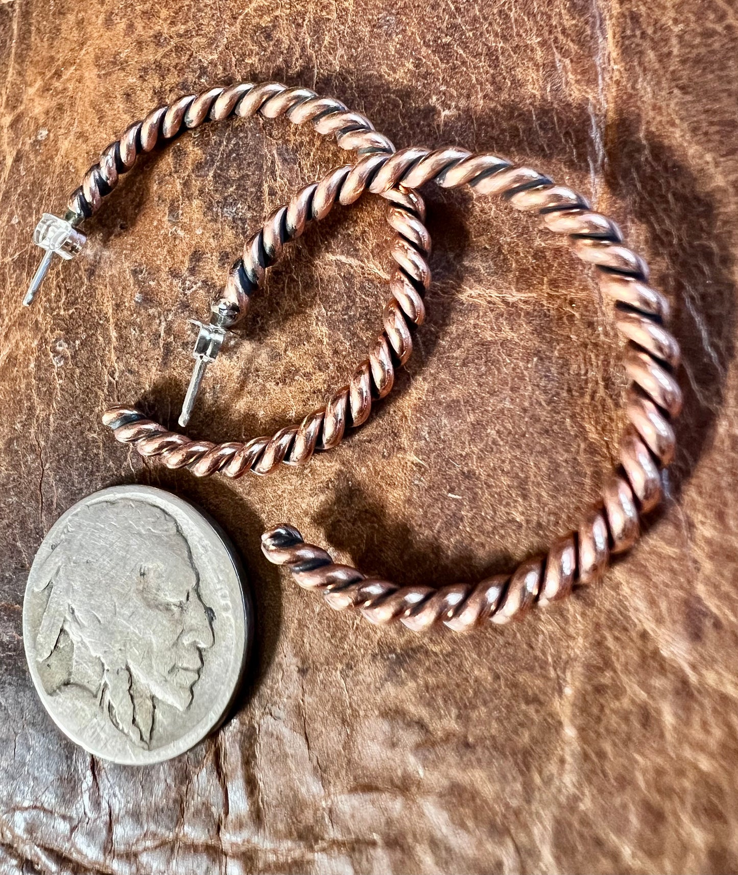 Navajo Handmade by Elaine Tahe. Copper Twisted Wire Post Hoop Earrings 1.25”