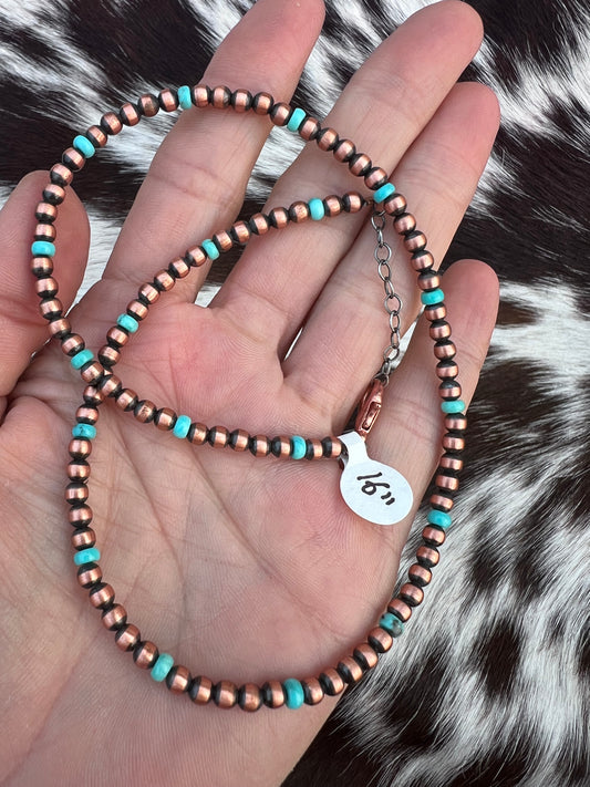Genuine Oxidized Copper & Turquoise 4mm Bead Necklace 16”-18”