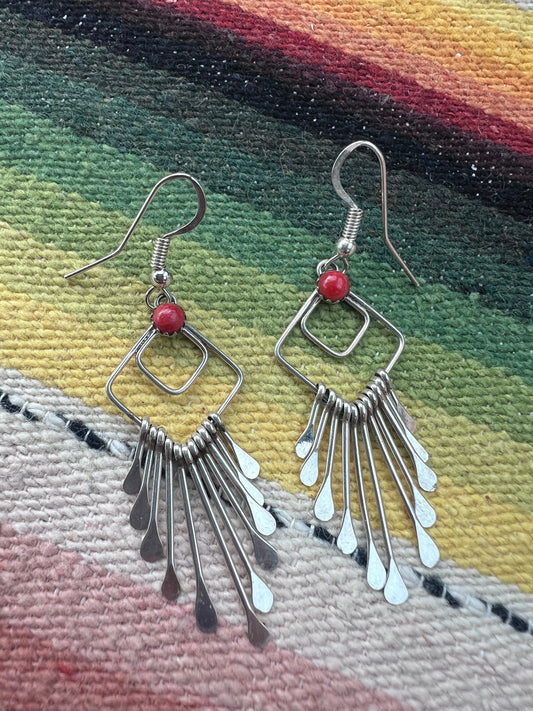 Native American Handmade Sterling & Red Coral Dangle Earrings 2.5”