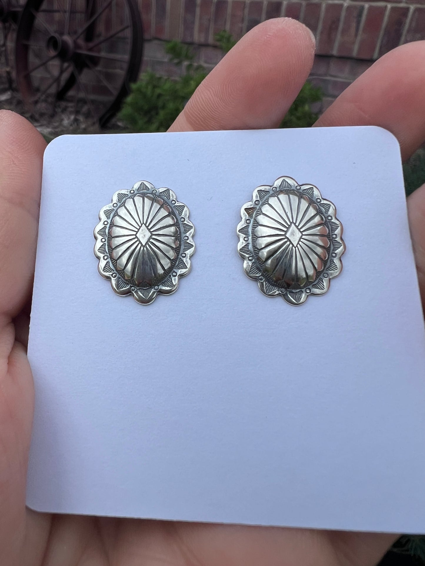 Southwest Sterling Concho Post Earrings .9” x .7”