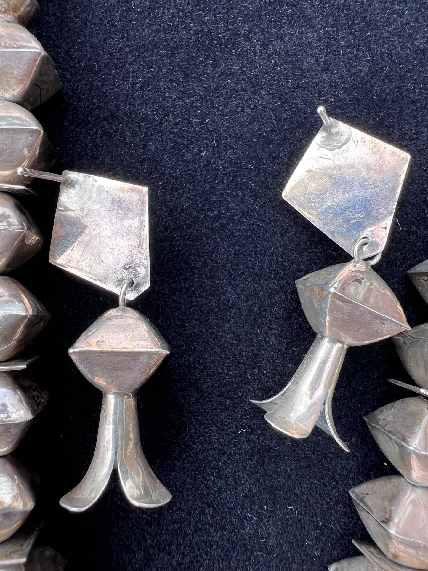 Navajo Handmade by Leon Curley Sterling Silver & Turquoise Square Bead Squash Blossom Necklace & Post Earrings Set