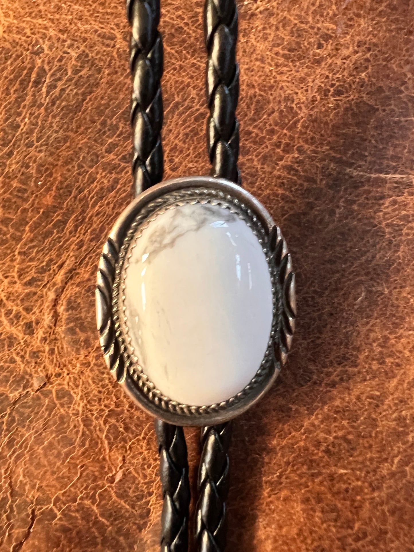 Handmade White Buffalo and Sterling with Black Braided Leather Bolo Necklace with Sterling Tips