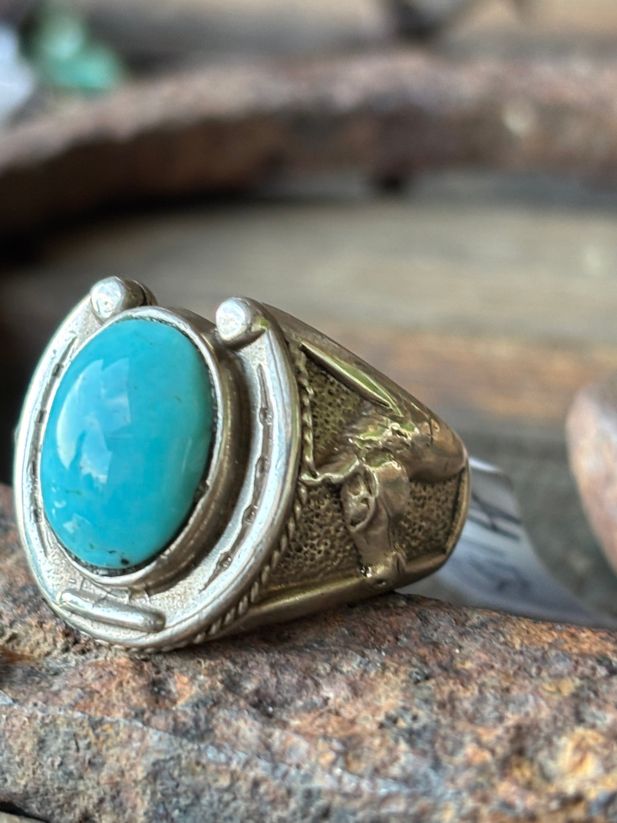 Vintage Chunky Sterling Silver & Turquoise Horse Head & Horseshoe Ring Sz 10