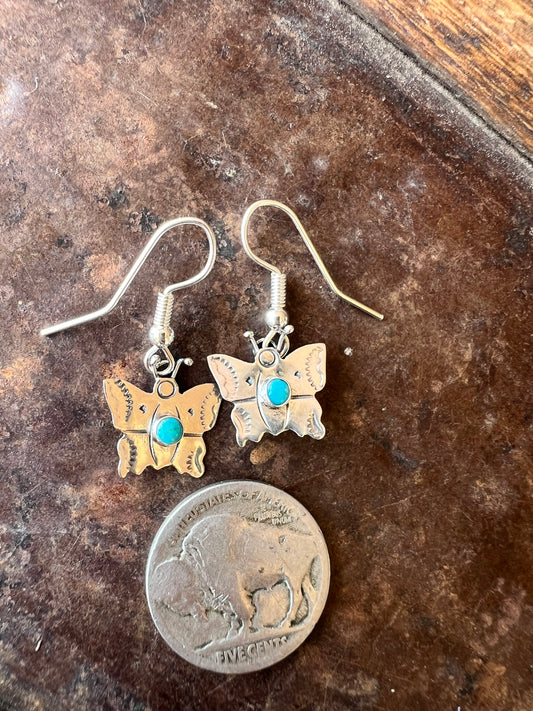 Dainty Handmade by Lucille Platero (Navajo) Turquoise & Sterling Silver Butterfly Earrings 1 1/8” Length