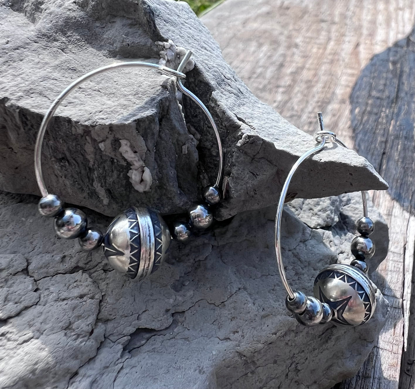 Sterling Silver 3-10mm Beads Hoop Earrings 1.2”