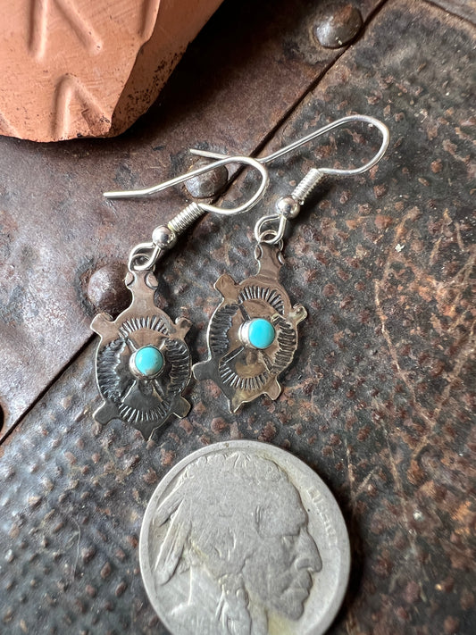 Dainty Handmade by Lucille Platero (Navajo) Turquoise & Sterling Silver Turtle Earrings 1.5” Length