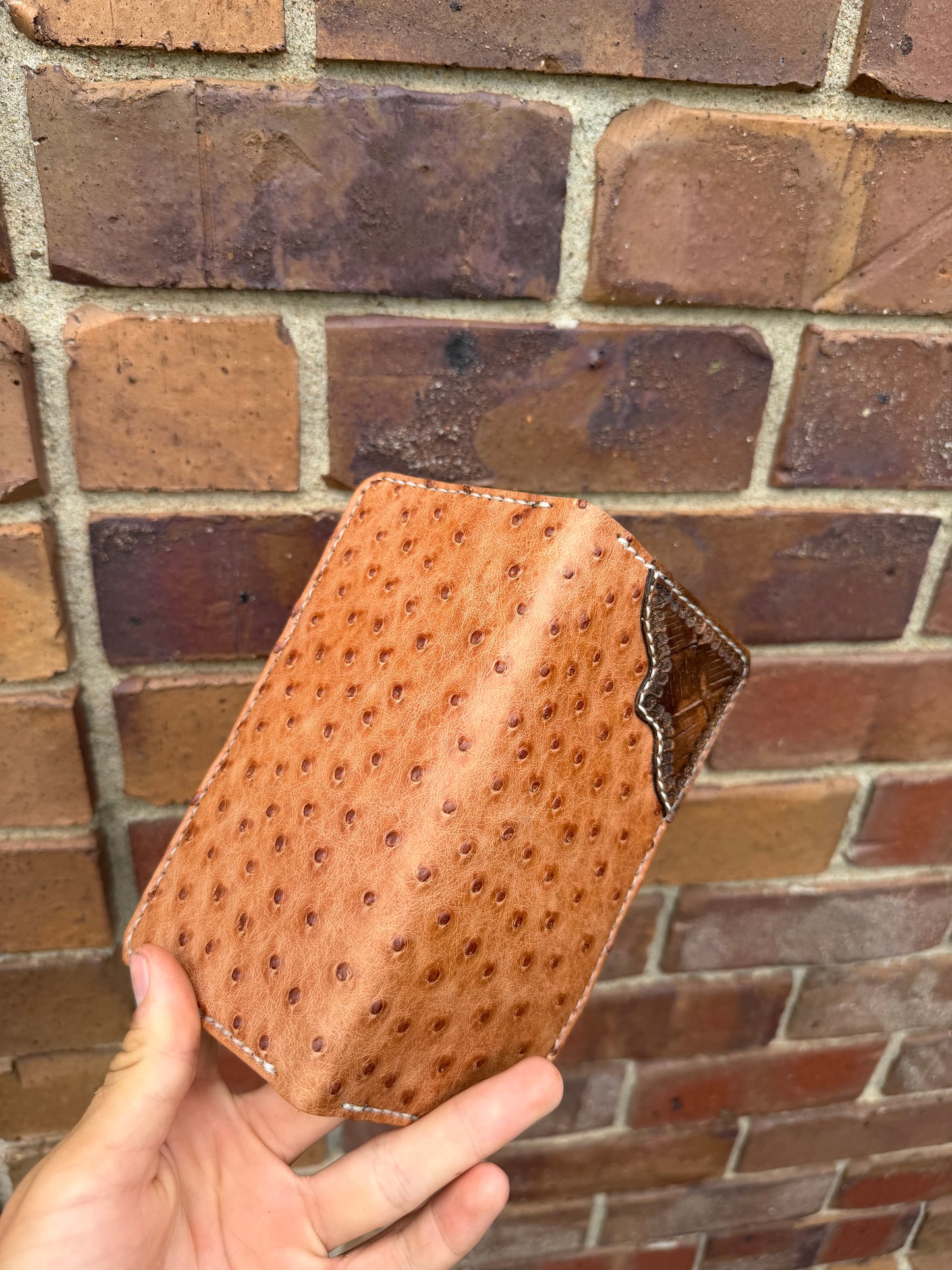 Tan Ostrich Long wallet with Basket Weave corner piece.