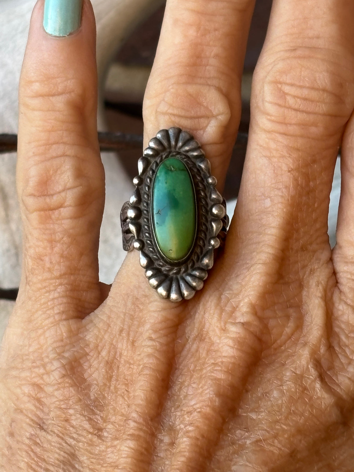 Vintage Fred Harvey Eara Sterling Silver & Royston Turquoise Ring Size 6-9 Adj.