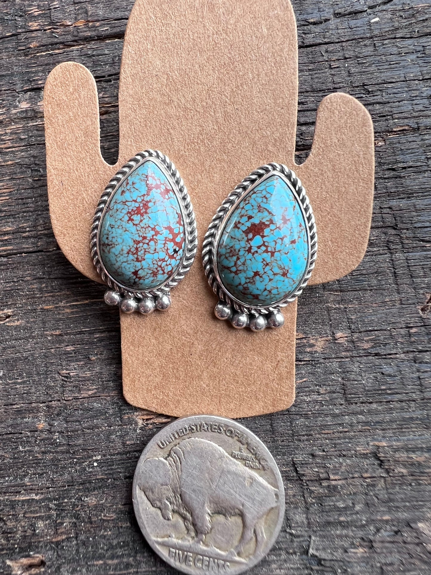 Navajo Handmade Sterling & Prince Turquoise Post Earrings 1”