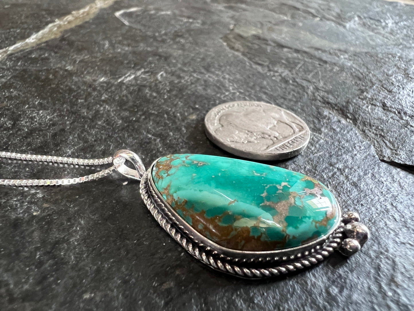 Native American Handmade Sterling & Carico Lake Turquoise Pendant(1.6” x.8”)on a Sterling Box Chain Necklace 16”