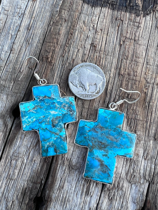 Native American Handmade Kingman Turquoise Cross and Sterling Silver Slab Earrings by Veronica Tortalita. 2” x 1“