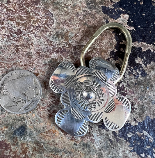 Native American Handmade by Bertha Begay- Sterling Cross Concho Keychain 2 3/8” x 1.5”