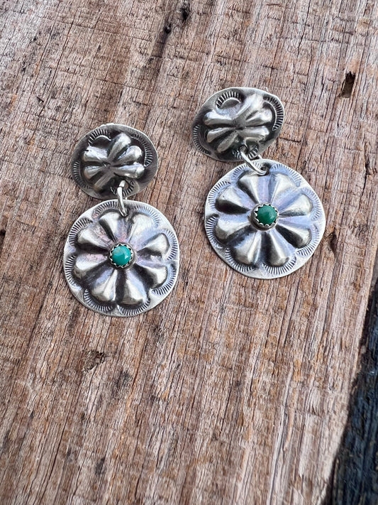 Native Navajo Handmade Sterling & Green Turquoise Concho Dangle Post Earrings 1.75”