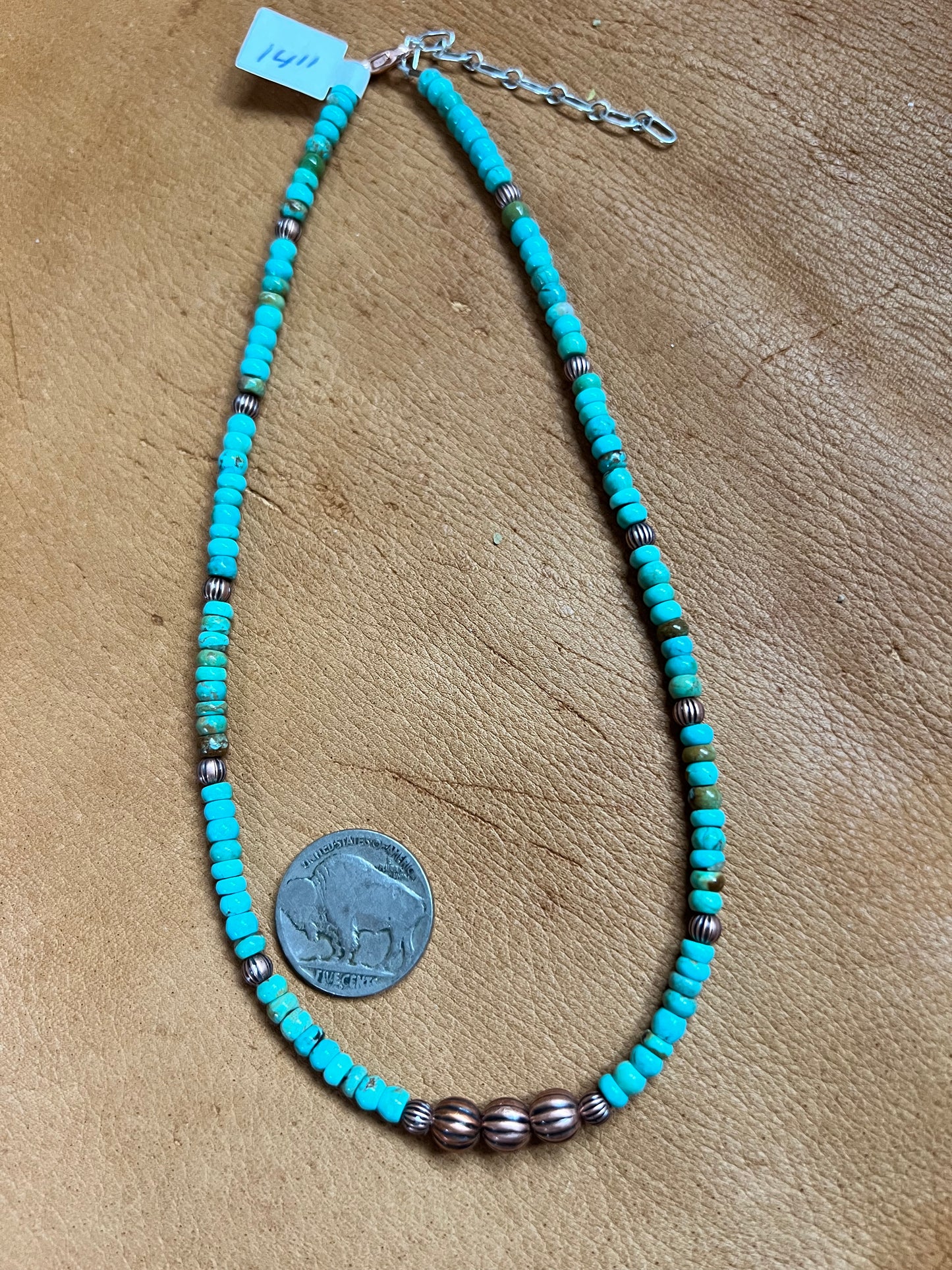 Copper & Carico Lake Turquoise Rondelle Bead Necklace 14-16”