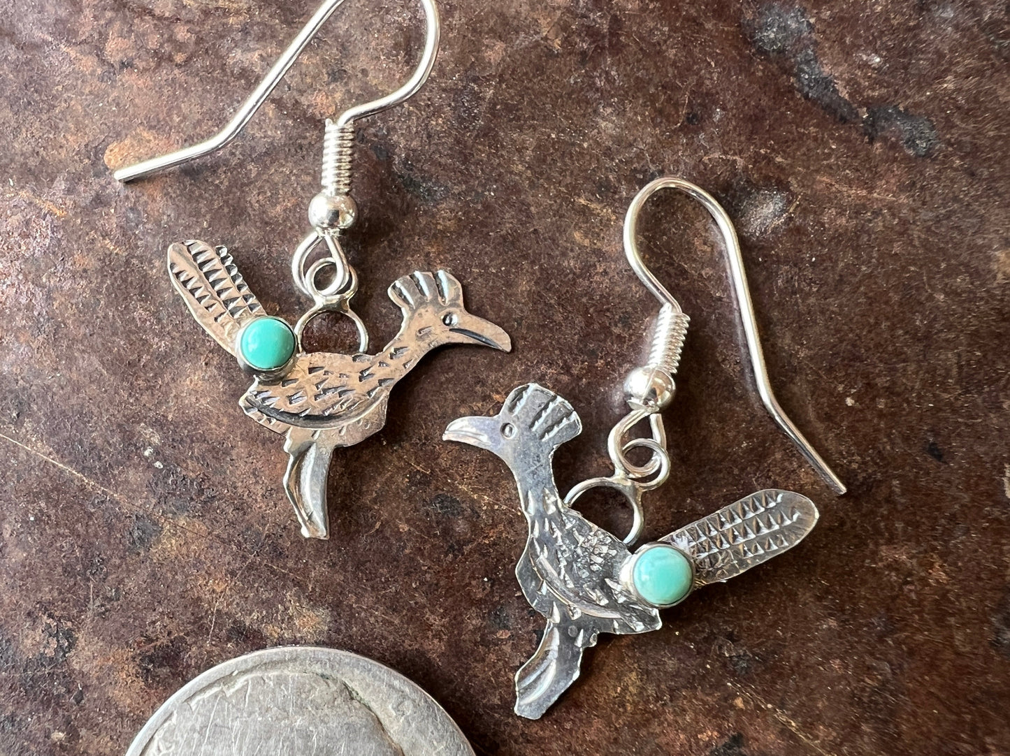 Dainty Handmade by Lucille Platero (Navajo) Turquoise & Sterling Silver Roadrunner Earrings 1.25” Length