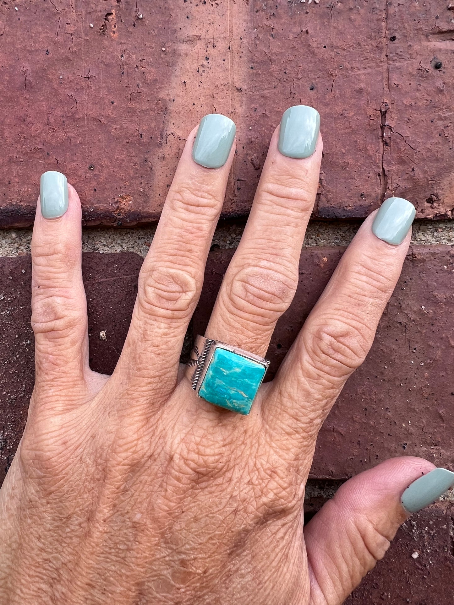 Native American Handmade By Ray Bennett. Sterling & Turquoise Square-stone Ring Sz 8