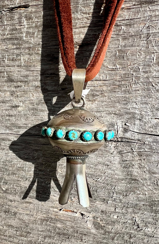 Navajo Handmade by the talented Monica Smith, Sterling Silver & Turquoise Stamped Blossom Pendant 2.4”