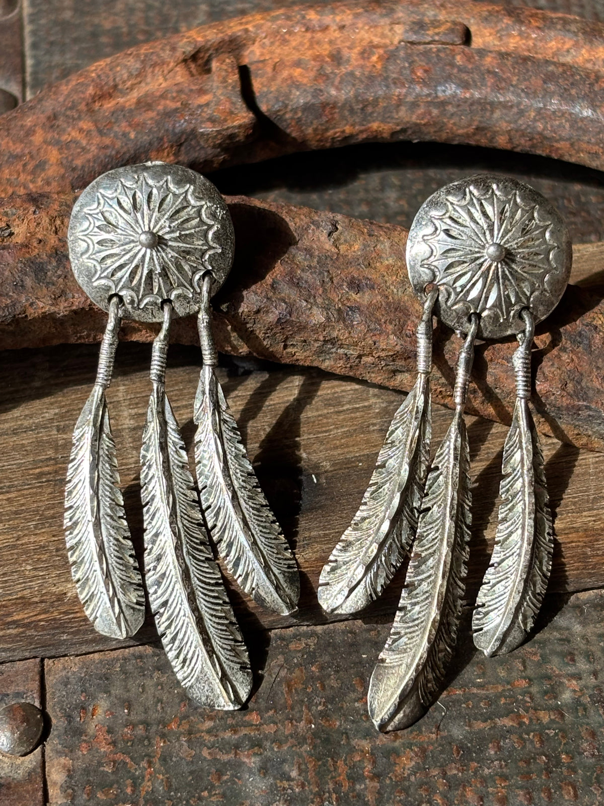 Vintage Native Handmade Concho Feather Dangle Post Earrings 2.5”