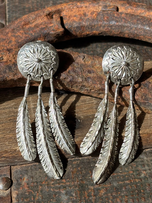 Vintage Native Handmade Concho Feather Dangle Post Earrings 2.5”