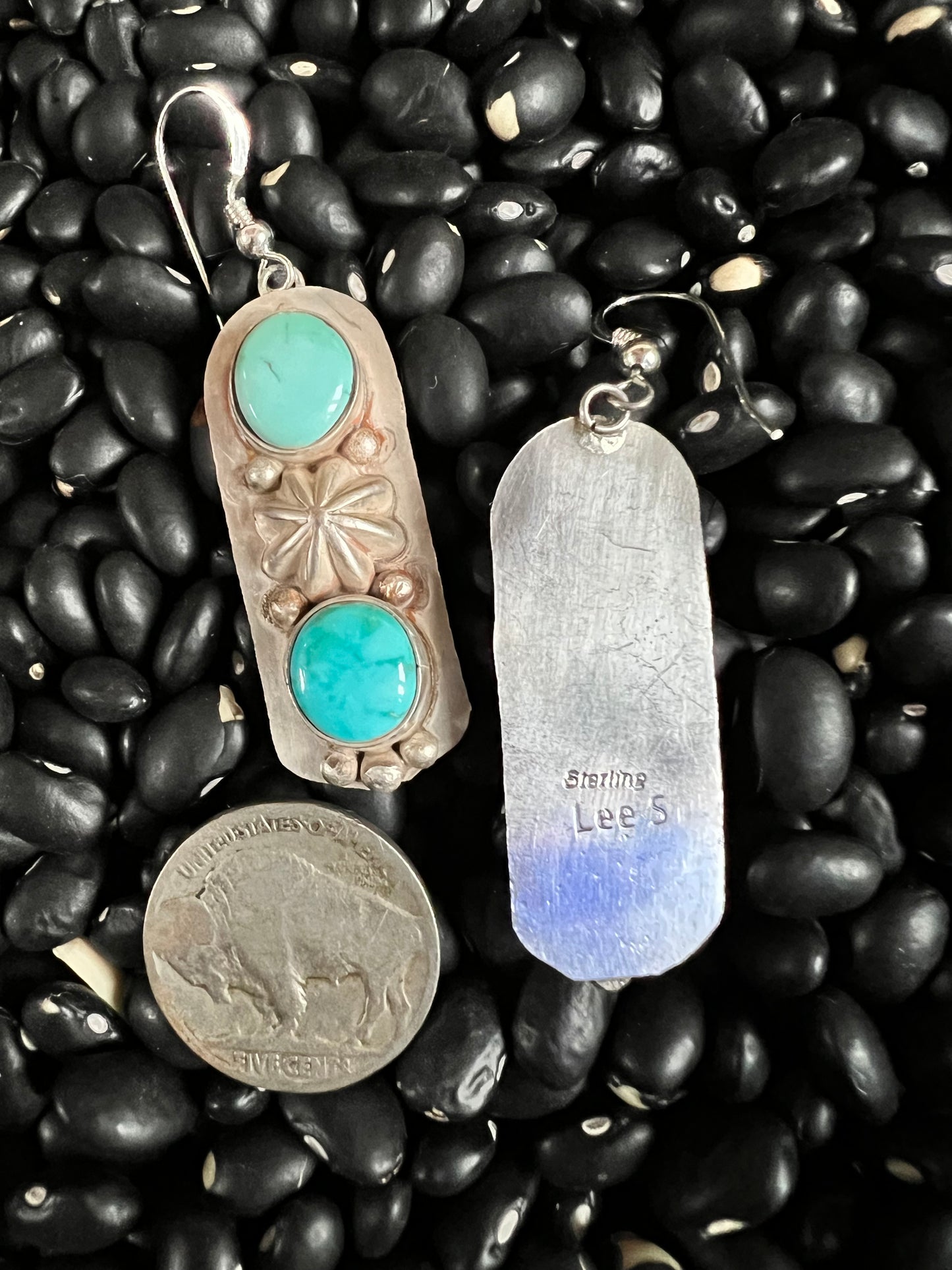 Navajo Handmade by Lee Sandoval. Lone Mountain Turquoise & Sterling Dangle Earrings 2 1/8” x 5/8”