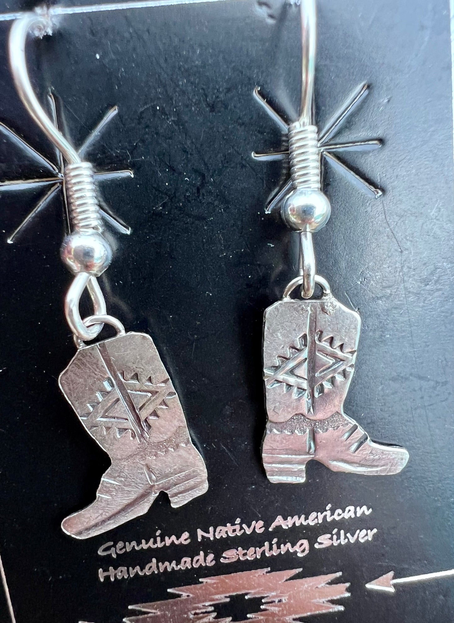 Native Navajo Handmade Sterling Dainty Cowboy Boot Dangle Earrings 1.25”