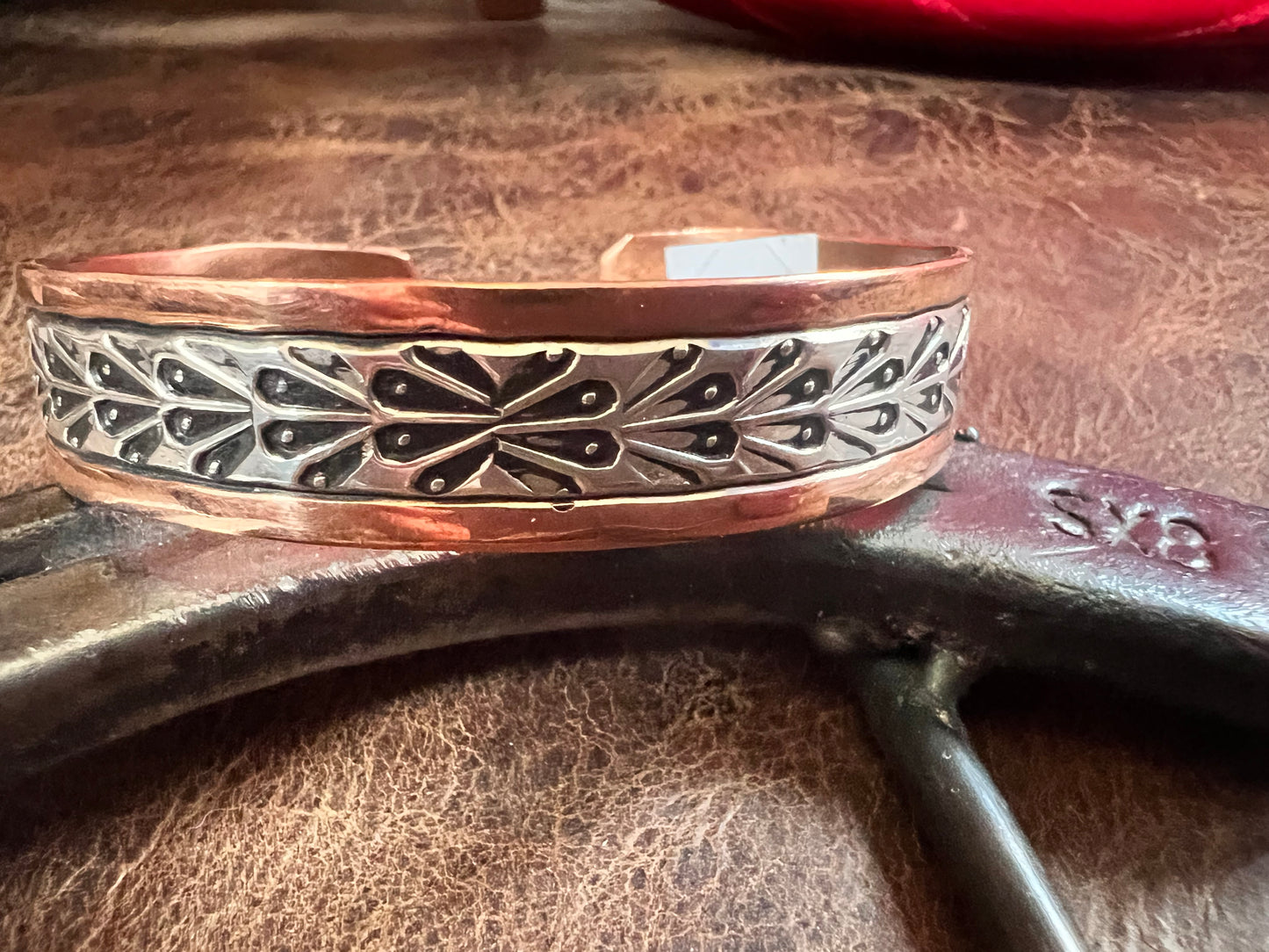 Copper & Sterling Stamped Cuff Bracelet Navajo Handmade by C. Littl - Sz 7.5”