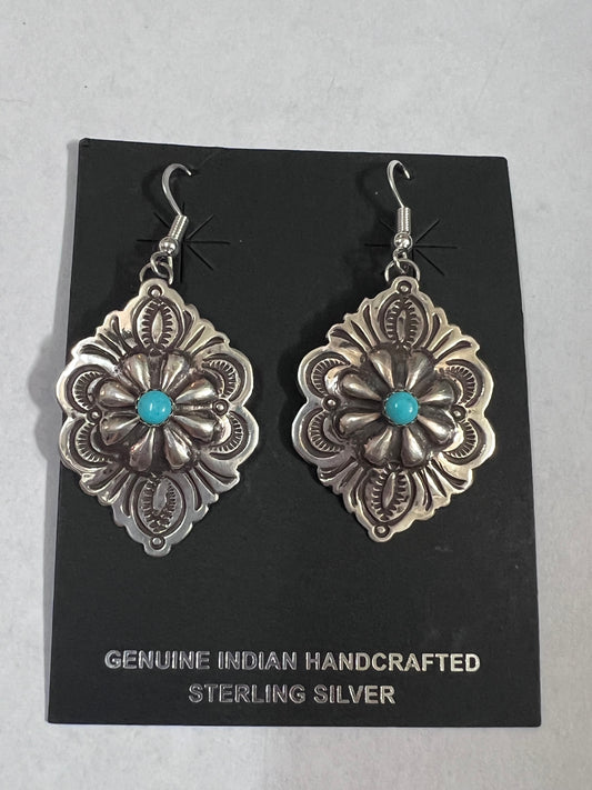 Native American Handmade Sterling & Turquoise Concho Dangle Earrings 2”