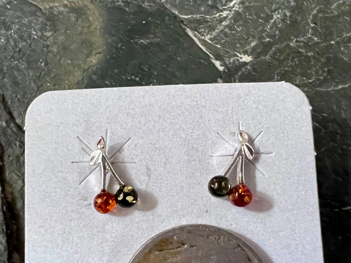 Dainty Sterling Silver & Amber Cherry Post Earrings 1/2”
