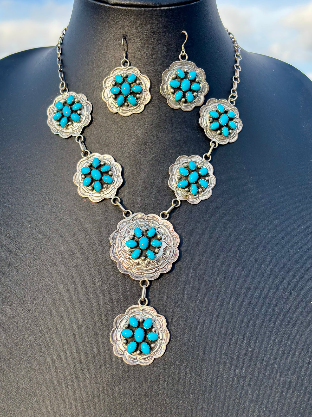 Vintage Sterling Silver & High-grade Sleeping Beauty Turquoise Cluster Concho Lariat- Handmade by Ella Peter(Navajo)🩷