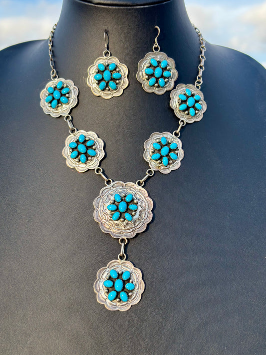 Vintage Sterling Silver & High-grade Sleeping Beauty Turquoise Cluster Concho Lariat- Handmade by Ella Peter(Navajo)🩷