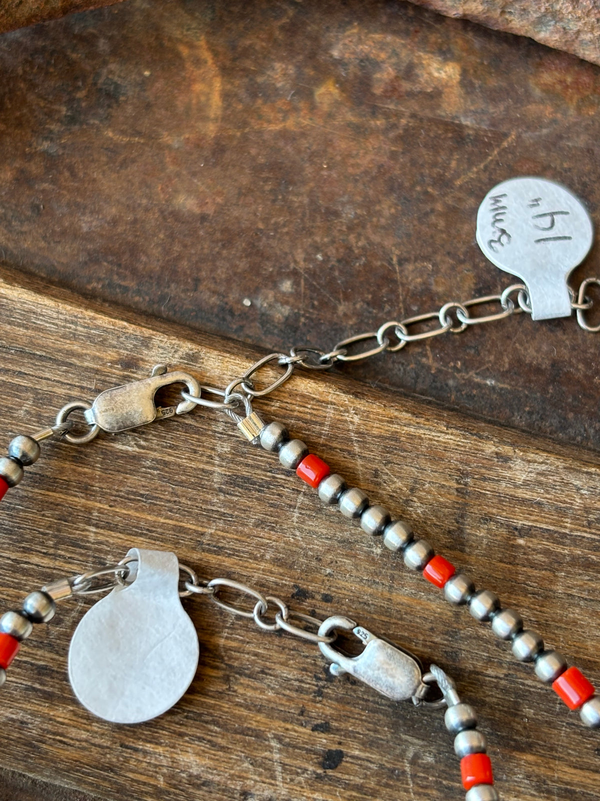Sterling Silver & Red Coral 3mm Bead Necklace 14”-16” & Bracelet 7”-8” Set