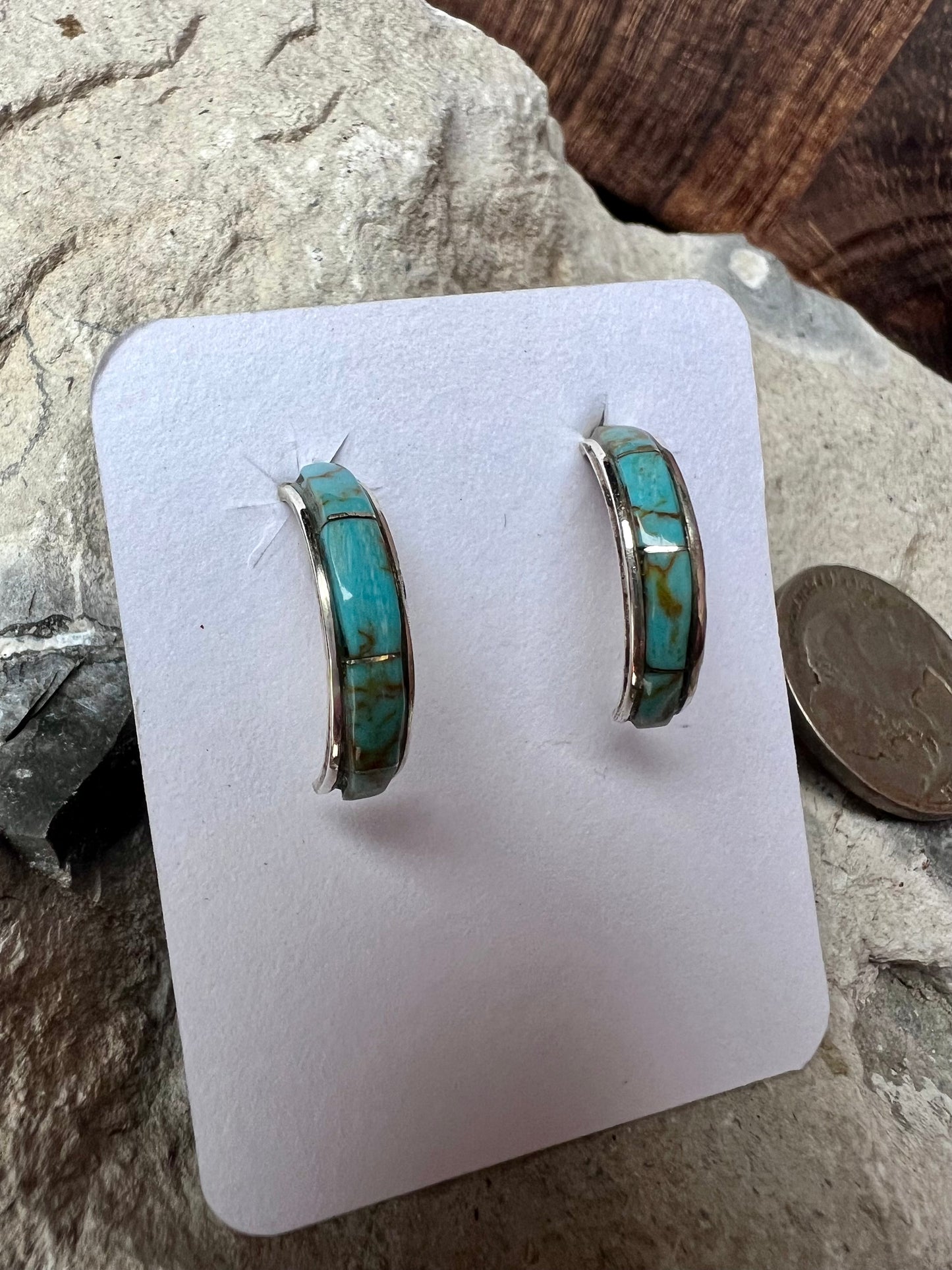 Handmade Sterling & Kingman Turquoise Inlay Half-hoop Post Earrings