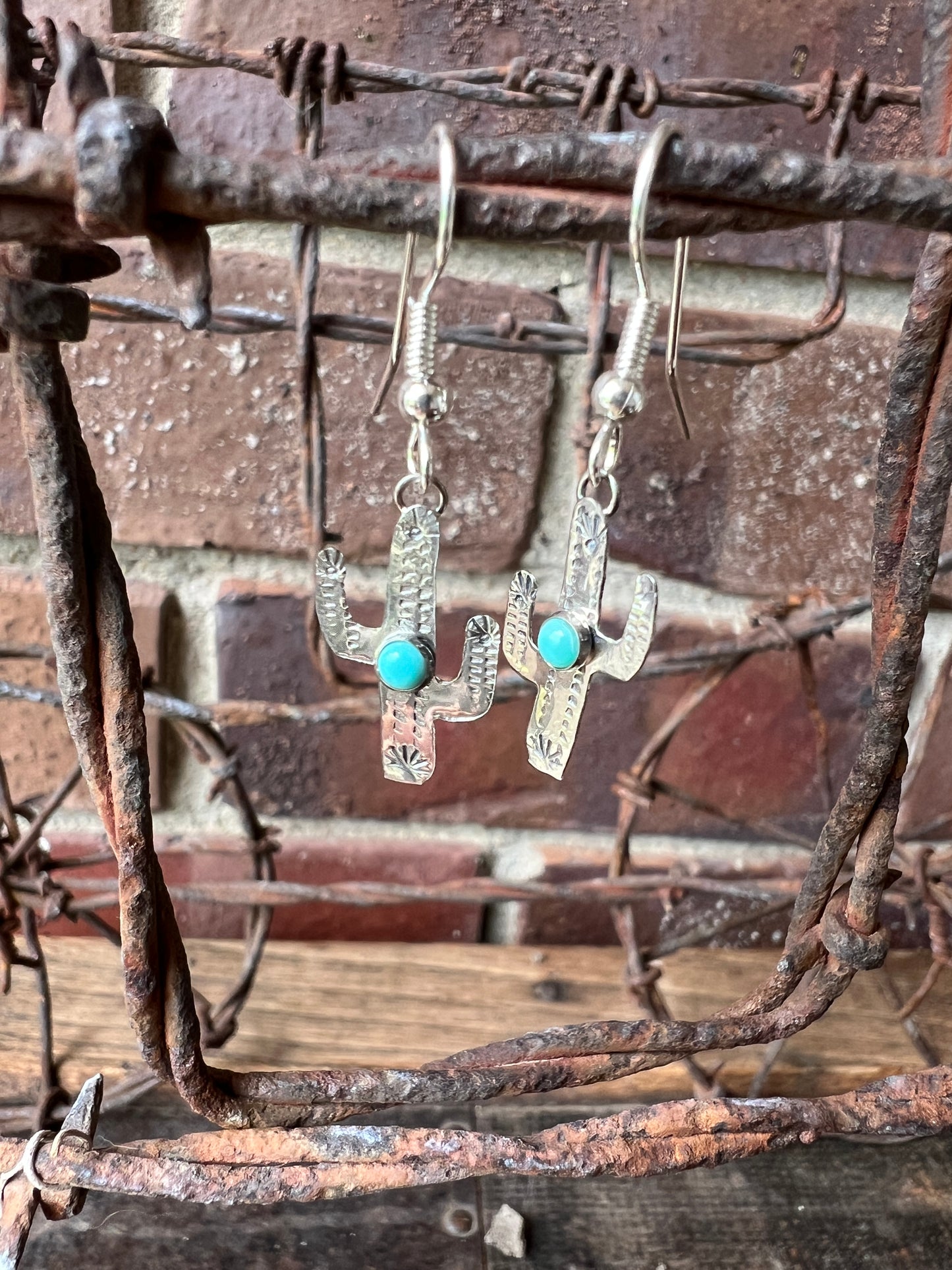 Dainty Handmade by Lucille Platero (Navajo) Turquoise & Sterling Silver Saguaro Cactus Earrings 1 3/8” Length