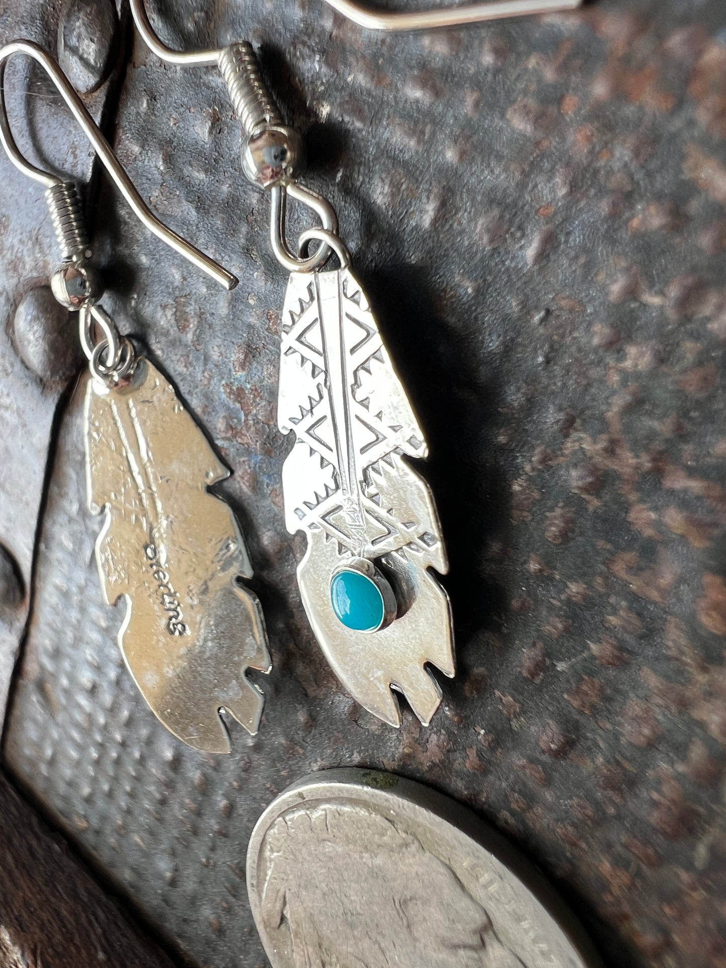 Dainty Handmade by Lucille Platero (Navajo) Turquoise & Sterling Silver Feather Earrings 1 3/4” Length