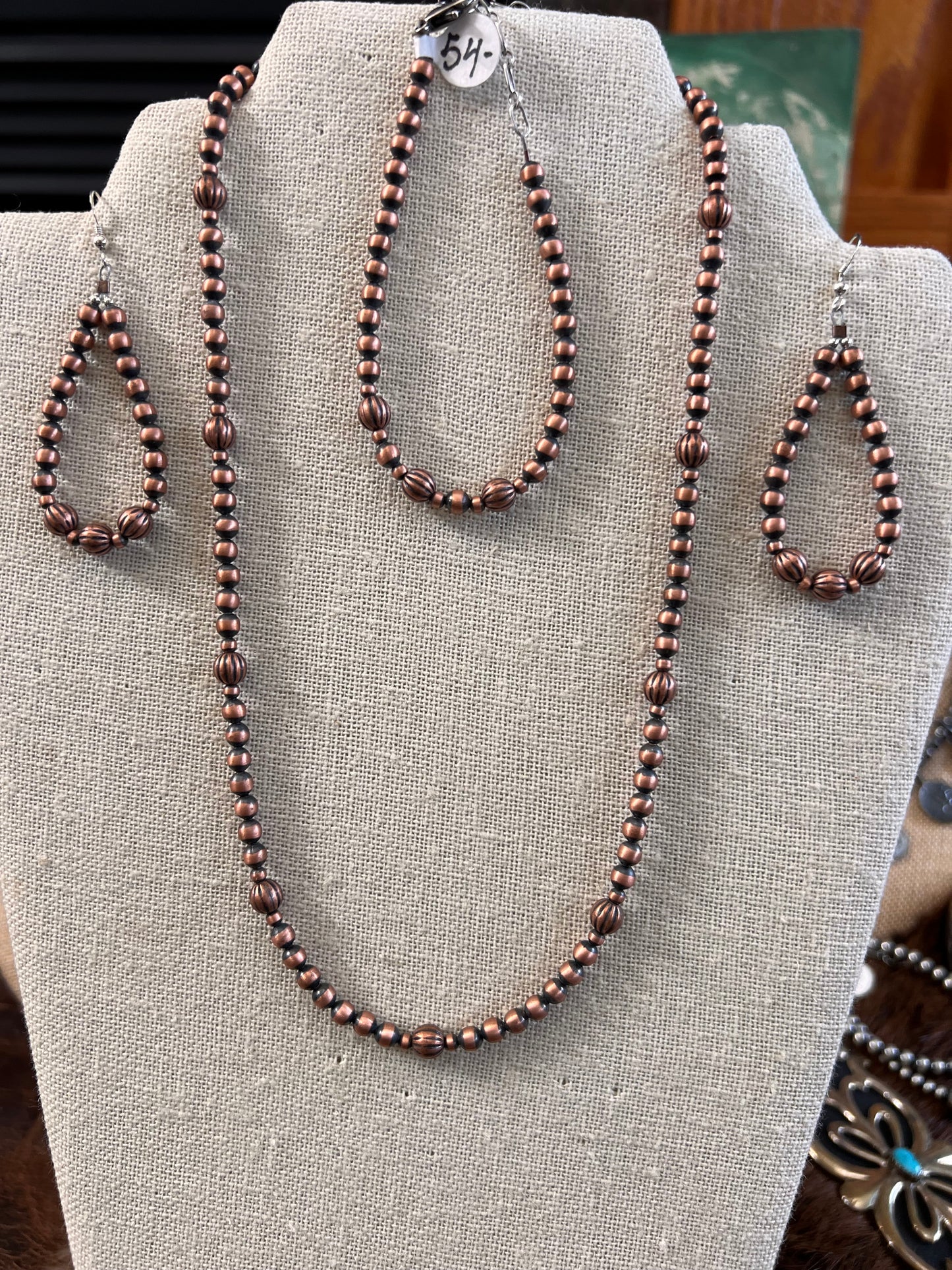 Oxidized Copper Bead Necklace, Bracelet & Earrings SET