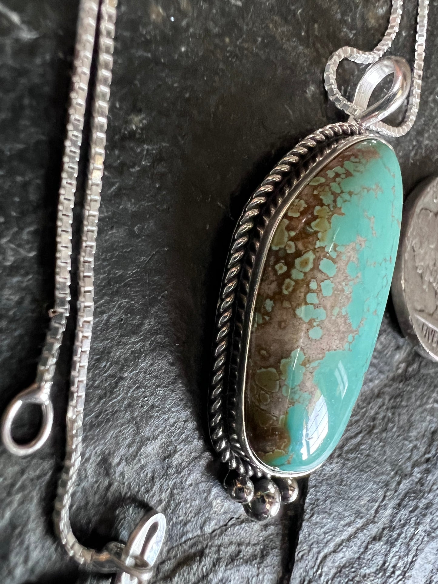 Native American Handmade Sterling & Carico Lake Turquoise Pendant(1.6” x.7”)on a Sterling Box Chain Necklace 16”