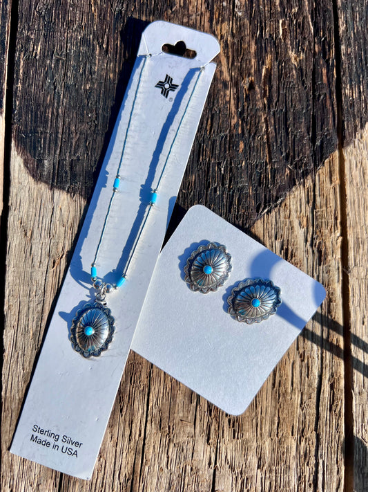 Sterling Liquid Silver Turquoise Concho Necklace 15.5” & Post Earrings 3/4” Set