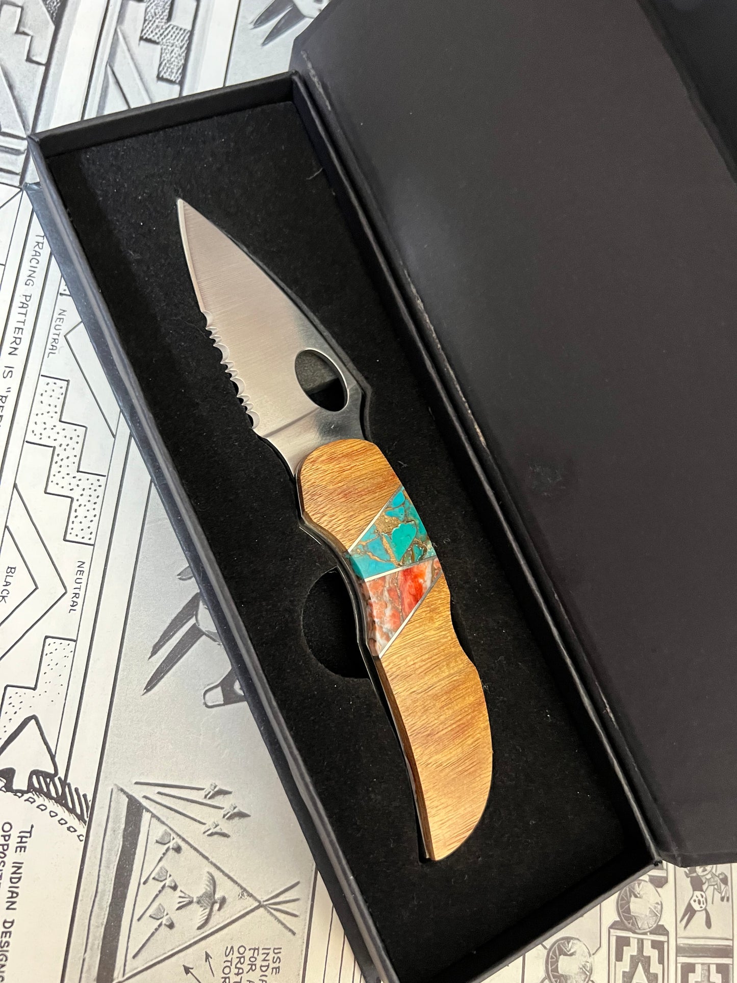 Beautiful Pocket Knife with Wood, Turquoise & Coral Inlay. 
3.5”