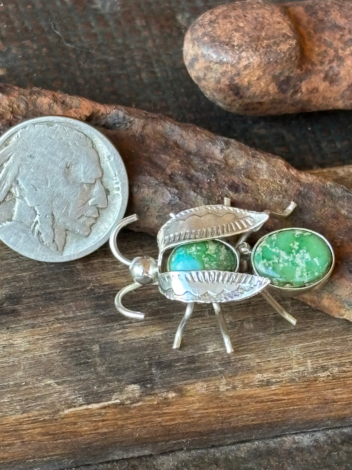 Native Handmade Sonoran Gold Turquoise & Sterling Silver Bug Pin/Brooch