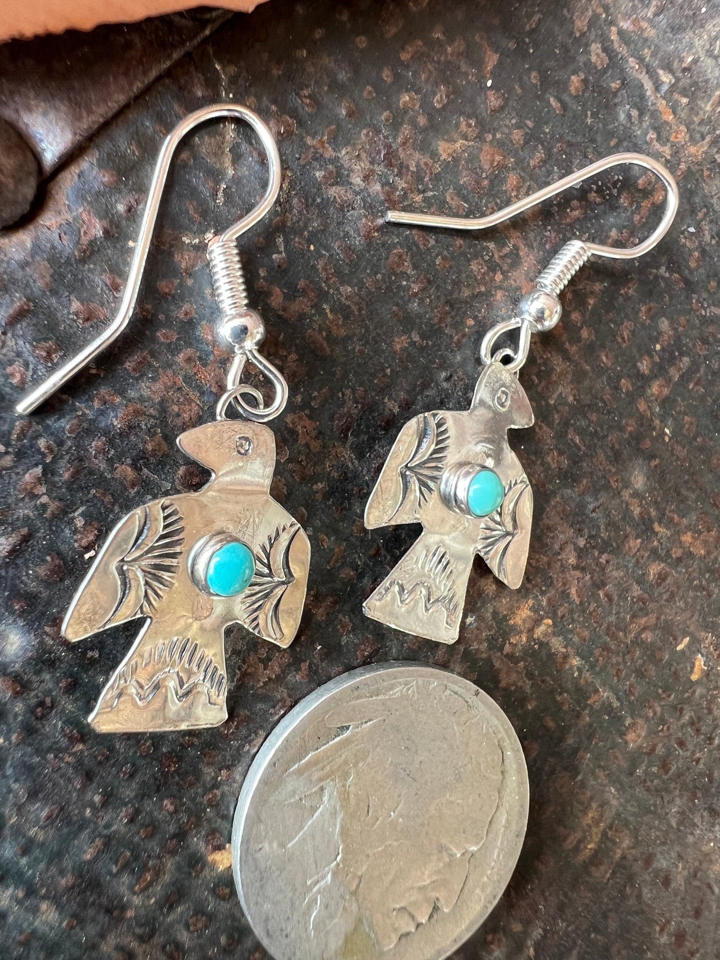 Dainty Handmade by Lucille Platero (Navajo) Turquoise & Sterling Silver Thunderbird Earrings 1.5” Length