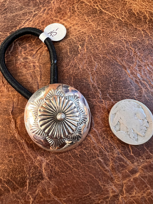 Handmade by Sally Shirly Sterling Silver Stamped Concho Hair-tie 1 1/8”