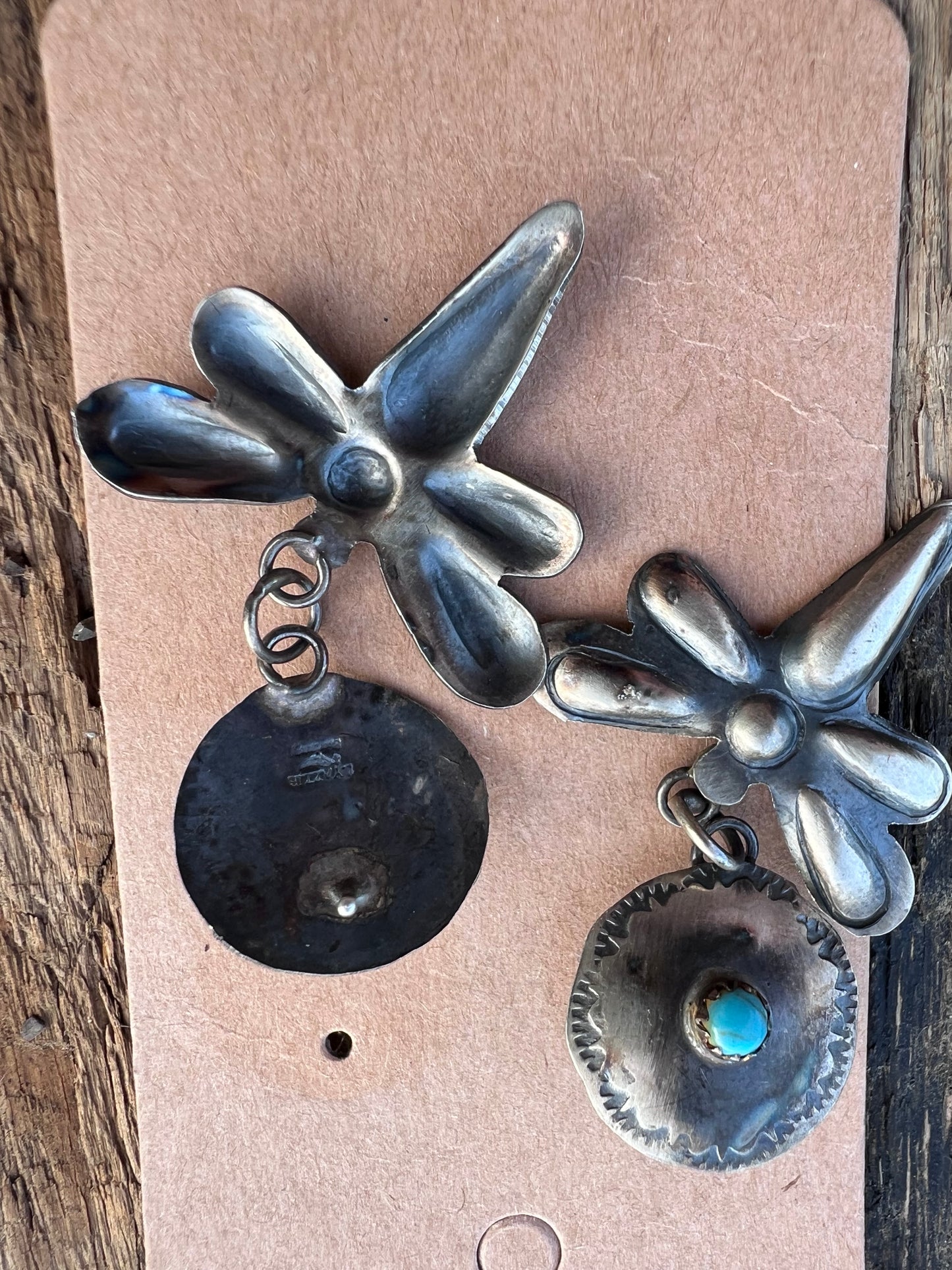 Navajo Handmade Leslie Yazzie Sterling & Turquoise Firefly Earrings.