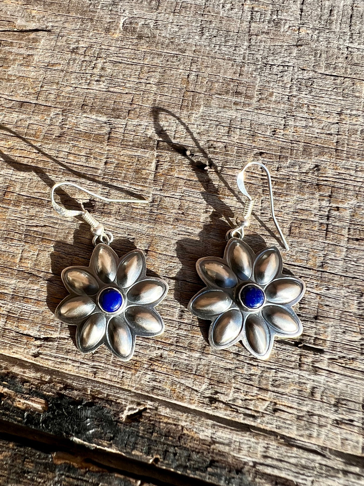 Navajo Handmade by Robert Johnson Sterling & Lapis Repousse’ Daisy Dangle Earrings