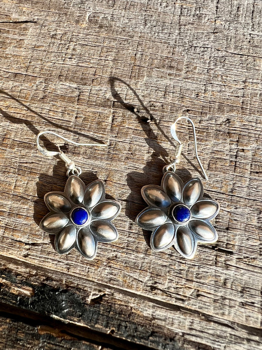 Navajo Handmade by Robert Johnson Sterling & Lapis Repousse’ Daisy Dangle Earrings