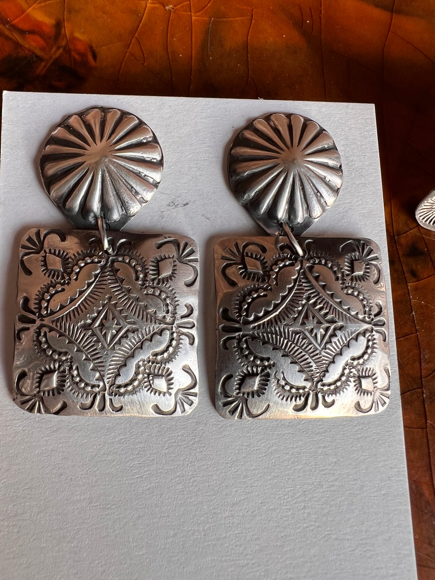Handmade by Vincent Platero, Sterling Stamped Concho Post Dangle Earrings