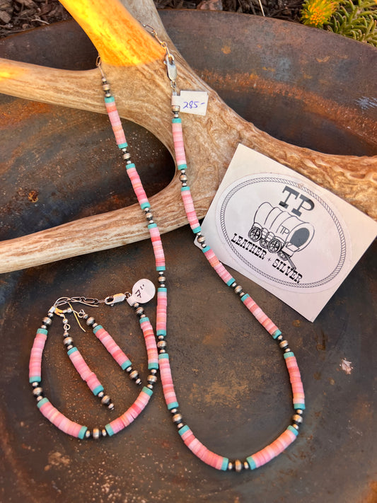 Pink Conch & Turquoise Heishi Bead with Sterling Oxidized Bead Necklace, Bracelet & Earrings SET