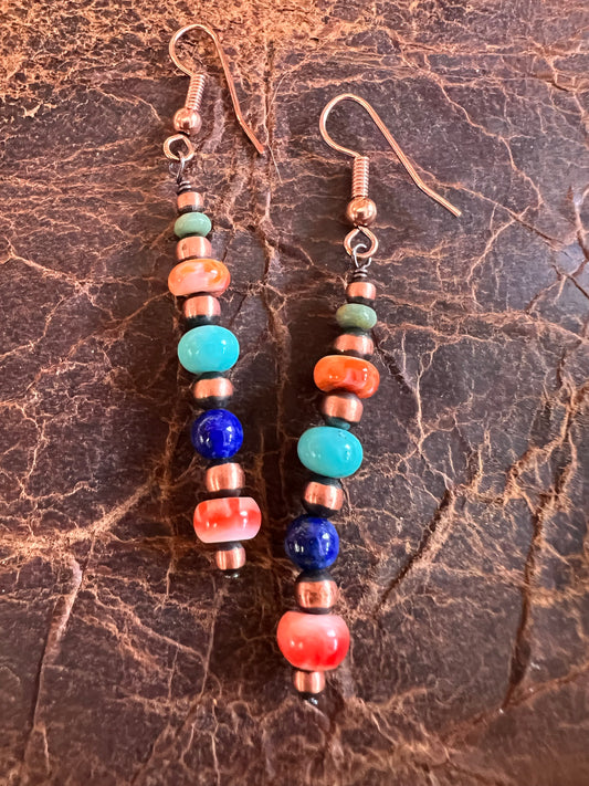 Southwest Handmade Copper, Orange Spiney, Turquoise & Lapis Bead Dangle Earrings 2.4”